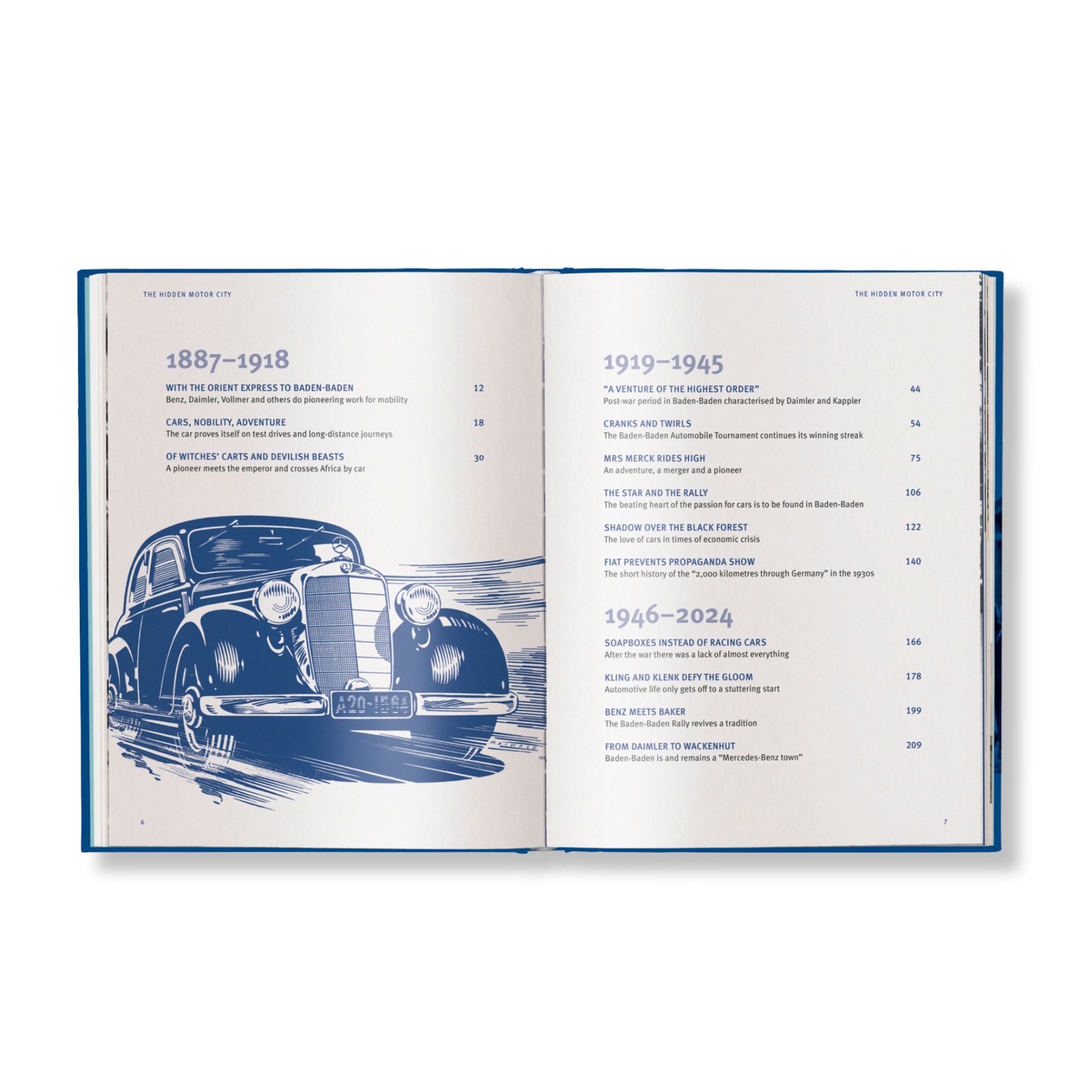 Open book with a vintage car illustration on a white background