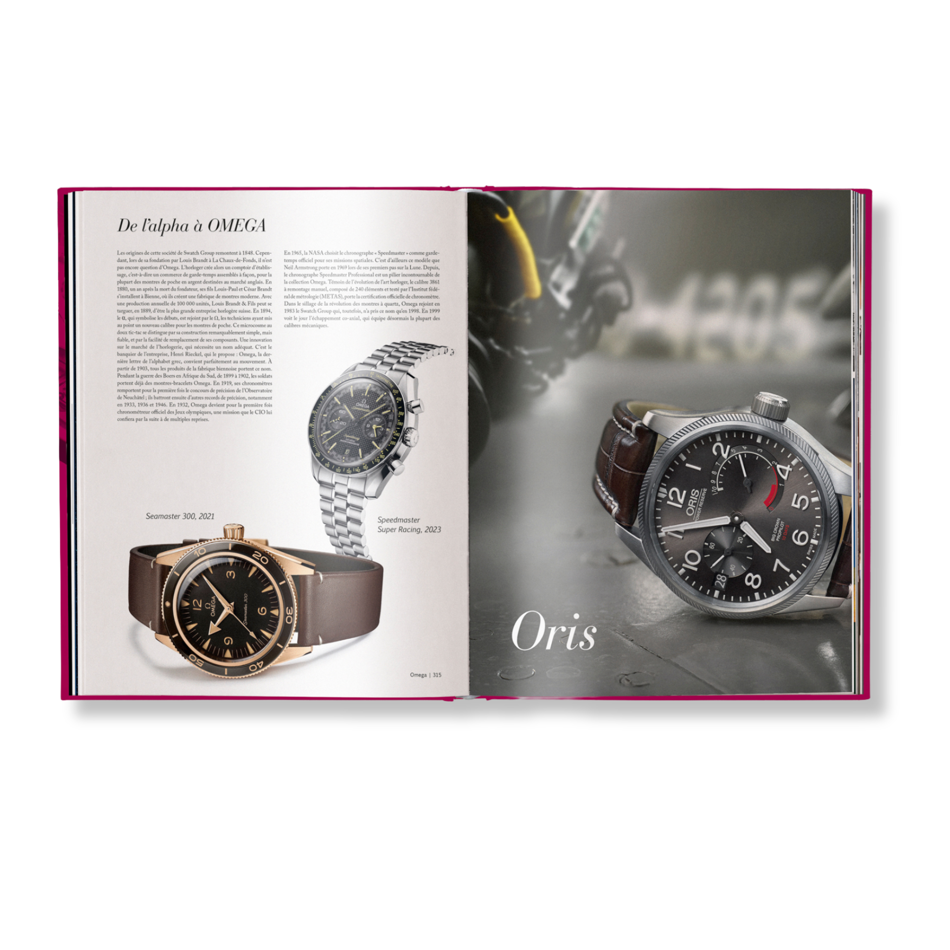 Open book showing Oris watches with a focus on design and branding.