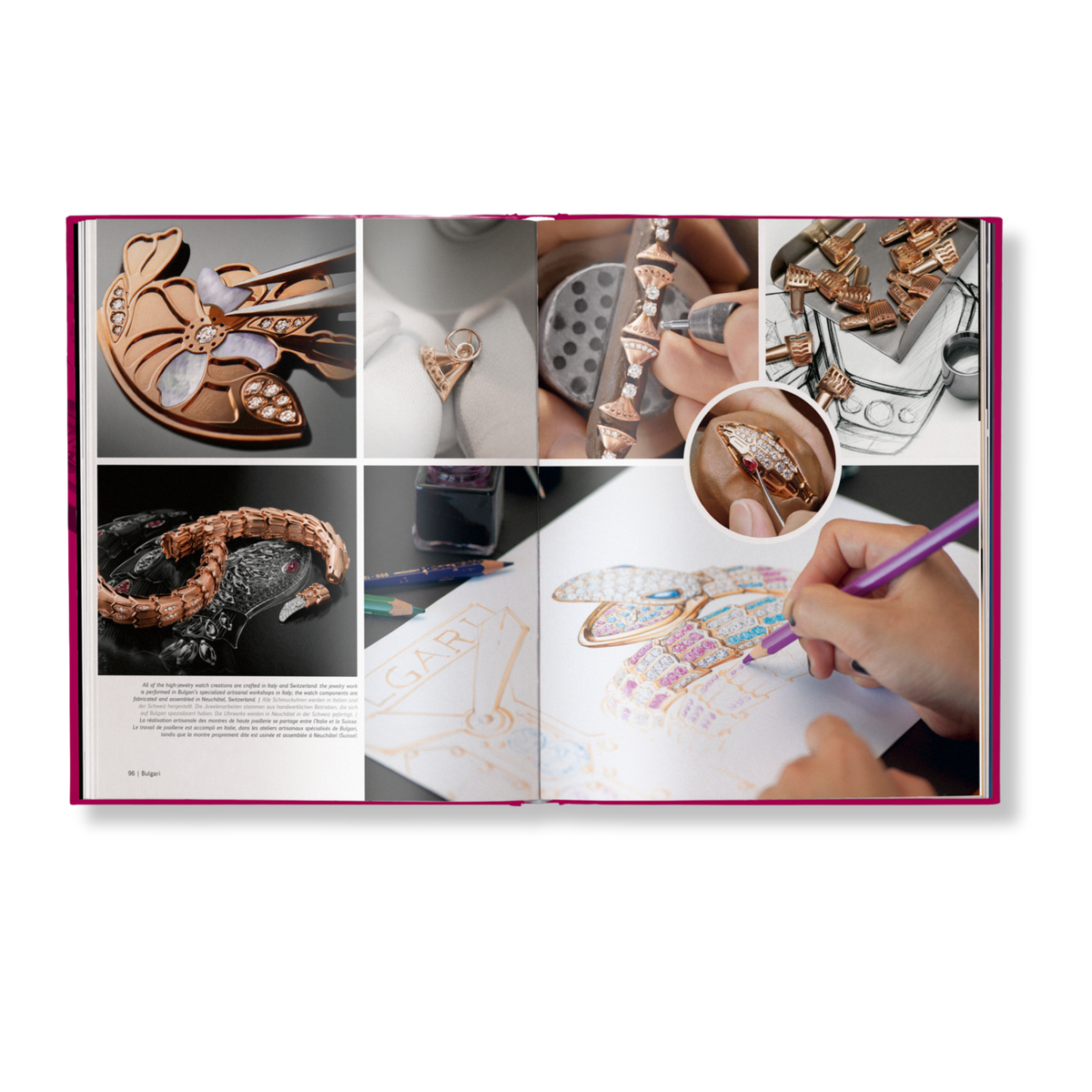 Open book showing jewelry designs and a hand with a pen, on a white background.