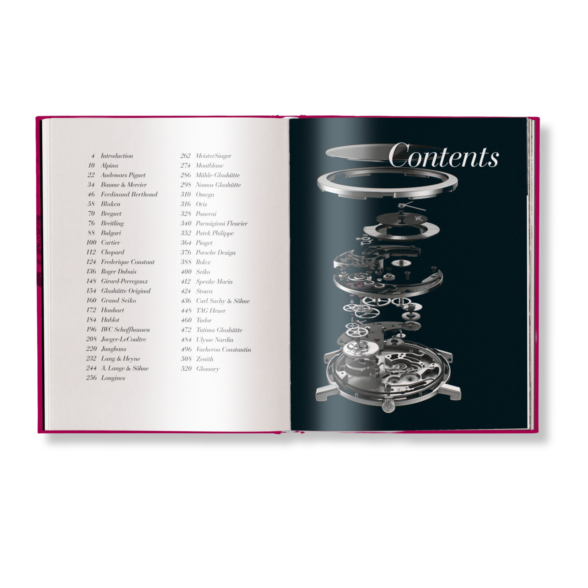 Open book showing a contents page with a mechanical design on a white background