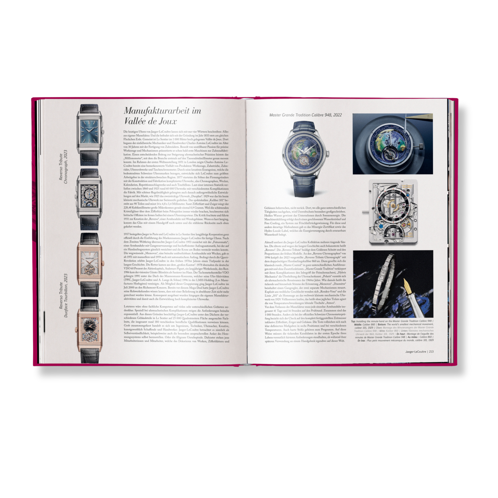 Open book showing pages with images of watches and text on a white background