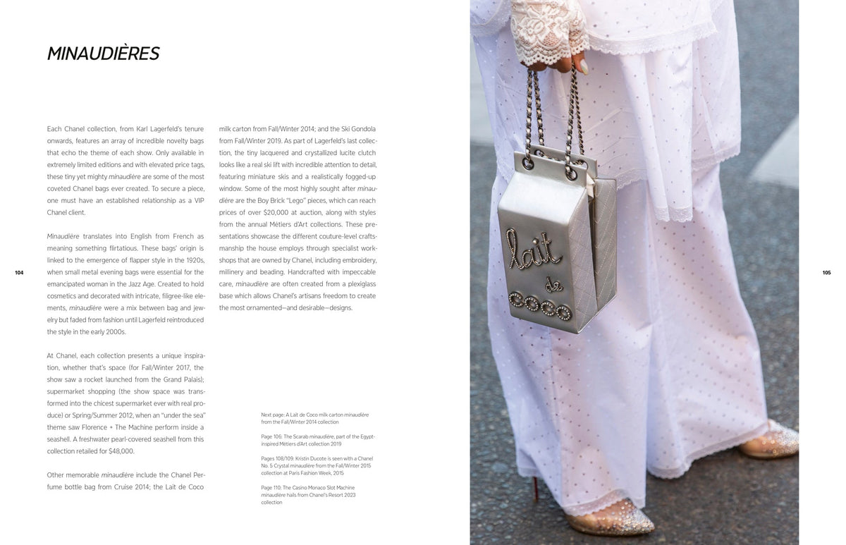 Person wearing a white outfit with a silver handbag, text on the left side.
