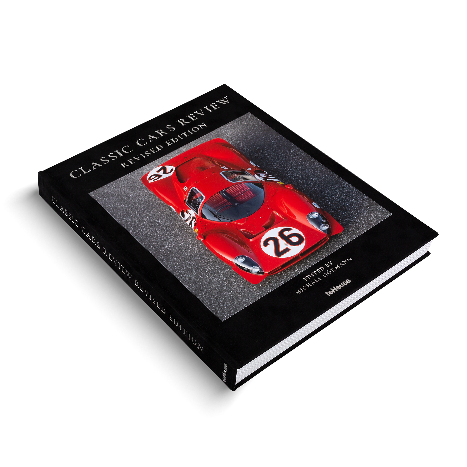 Book titled 'Classic Cars Review' with a red car on the cover against a grey background