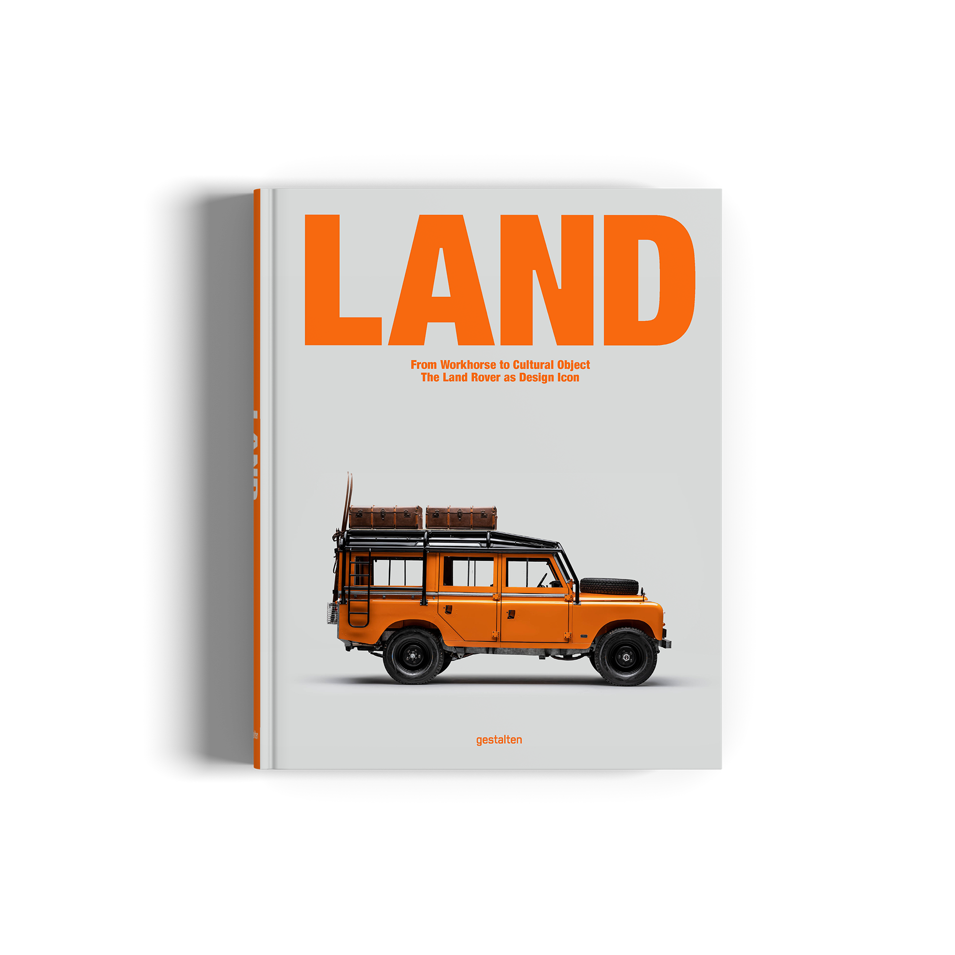 Book cover with an orange Land Rover and 'LAND' text on a white background