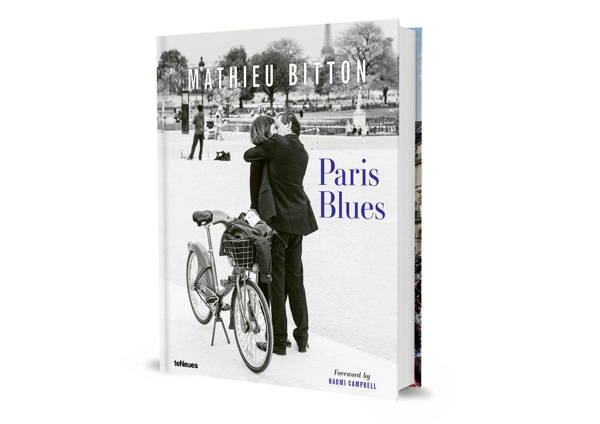 Book titled 'Paris Blues' by Mathieu Bittton with a cover featuring a black and white photo of a couple with a bicycle.