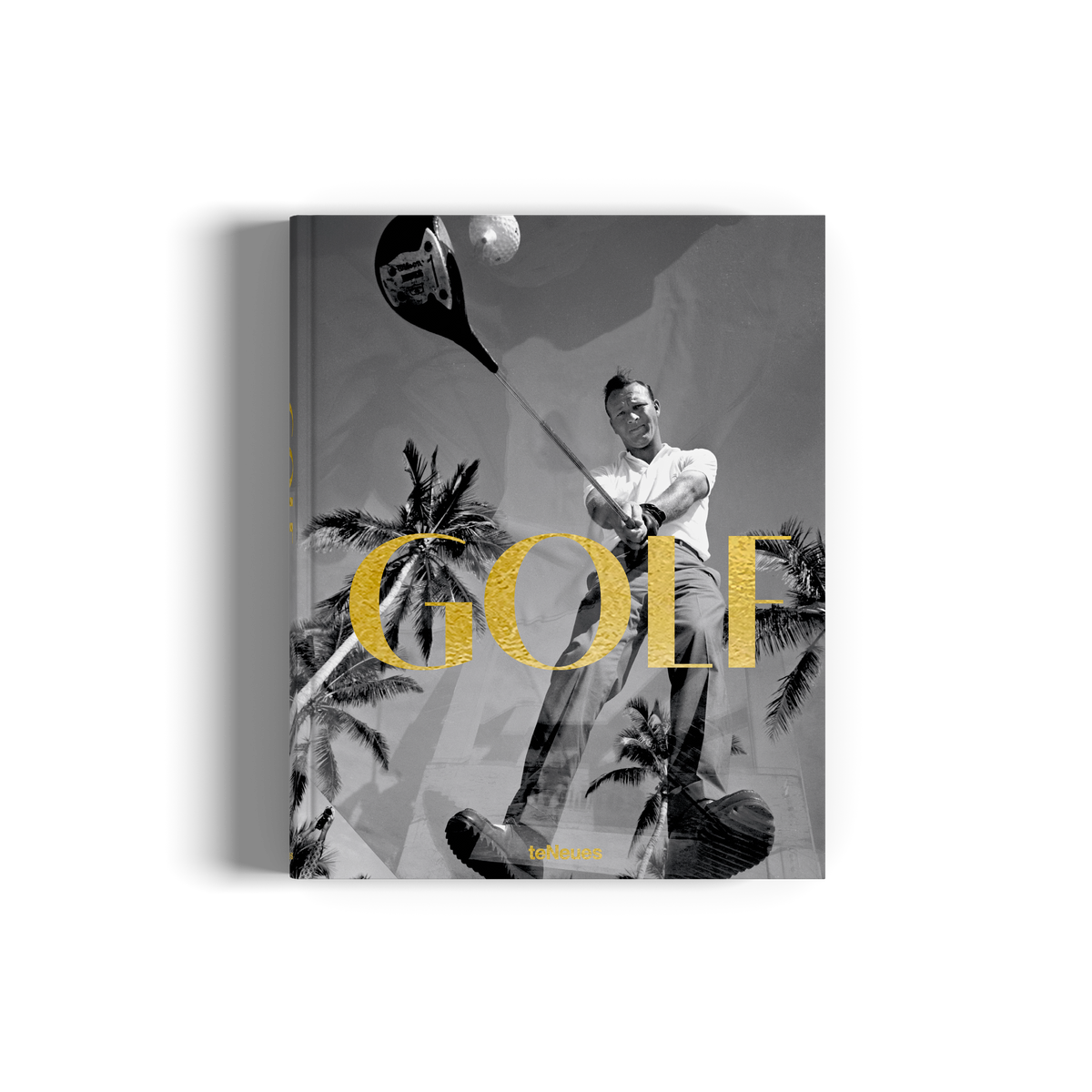 Book cover with a golfer and palm trees, featuring the word 'GOLF' in gold.