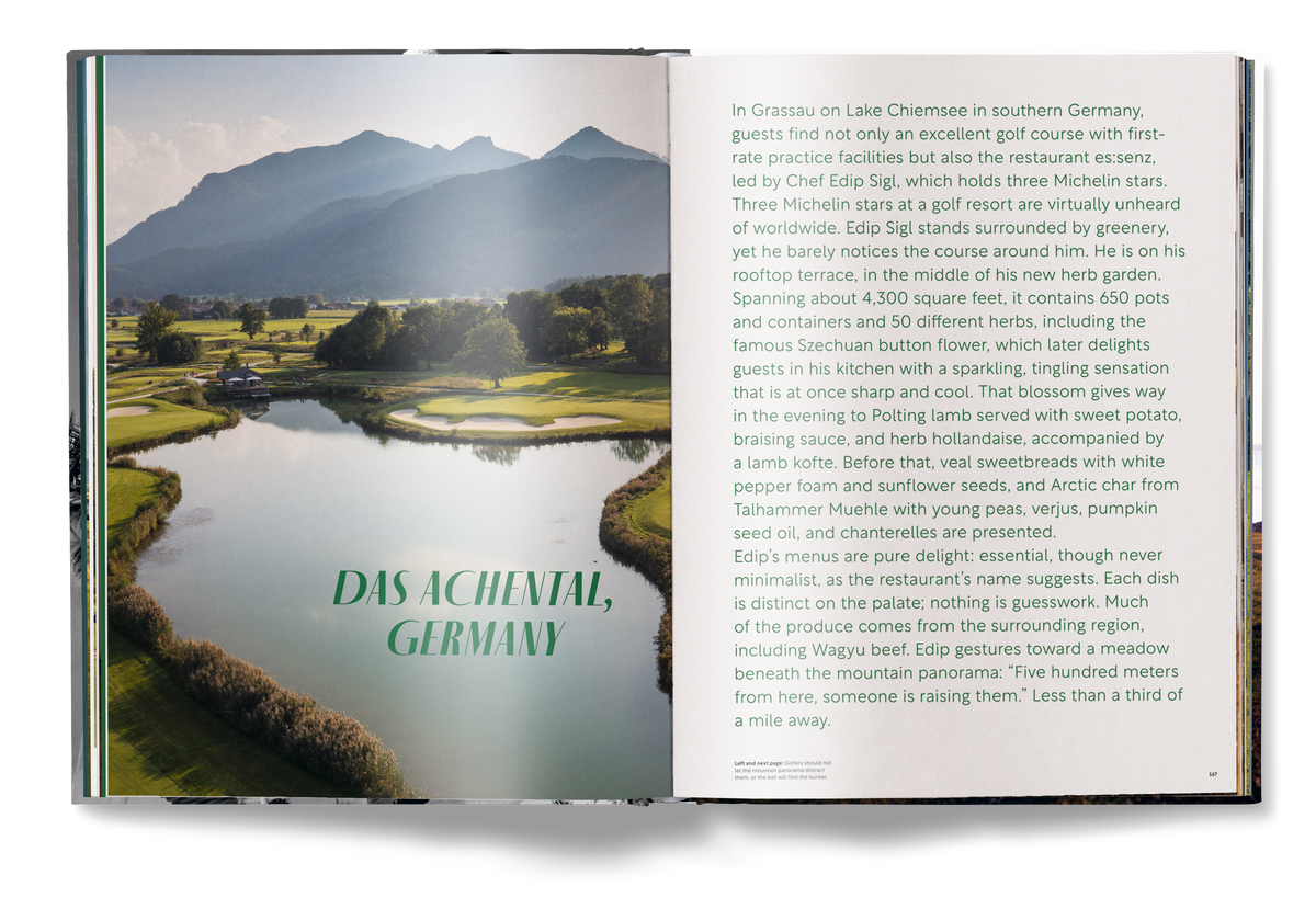 Open book showing a scenic landscape with mountains and a lake, with text on the right side.
