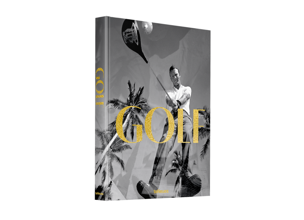 Book cover with a golfer and palm trees, featuring the word 'GOLF' in gold.