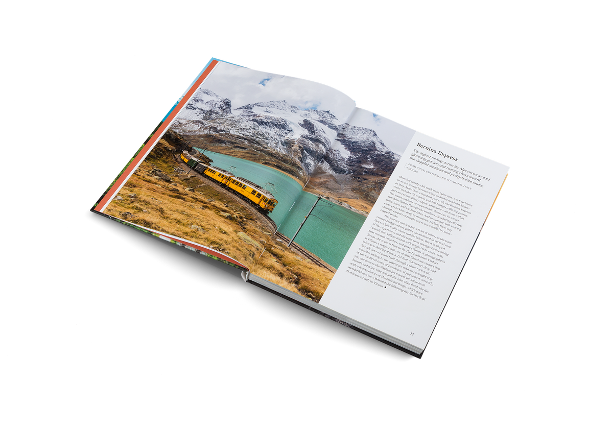 The Bernina Express is the highest railway across the Alps, it curves around glistening glaciers and roaring rivers toward sun-dappled meadows and pretty Italian towns. Travel with this incredible train in Epic Train Journeys by gestalten.