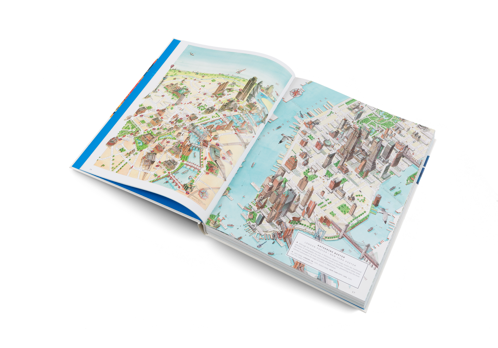 Illustrated maps of London and New York City in A Map of the World