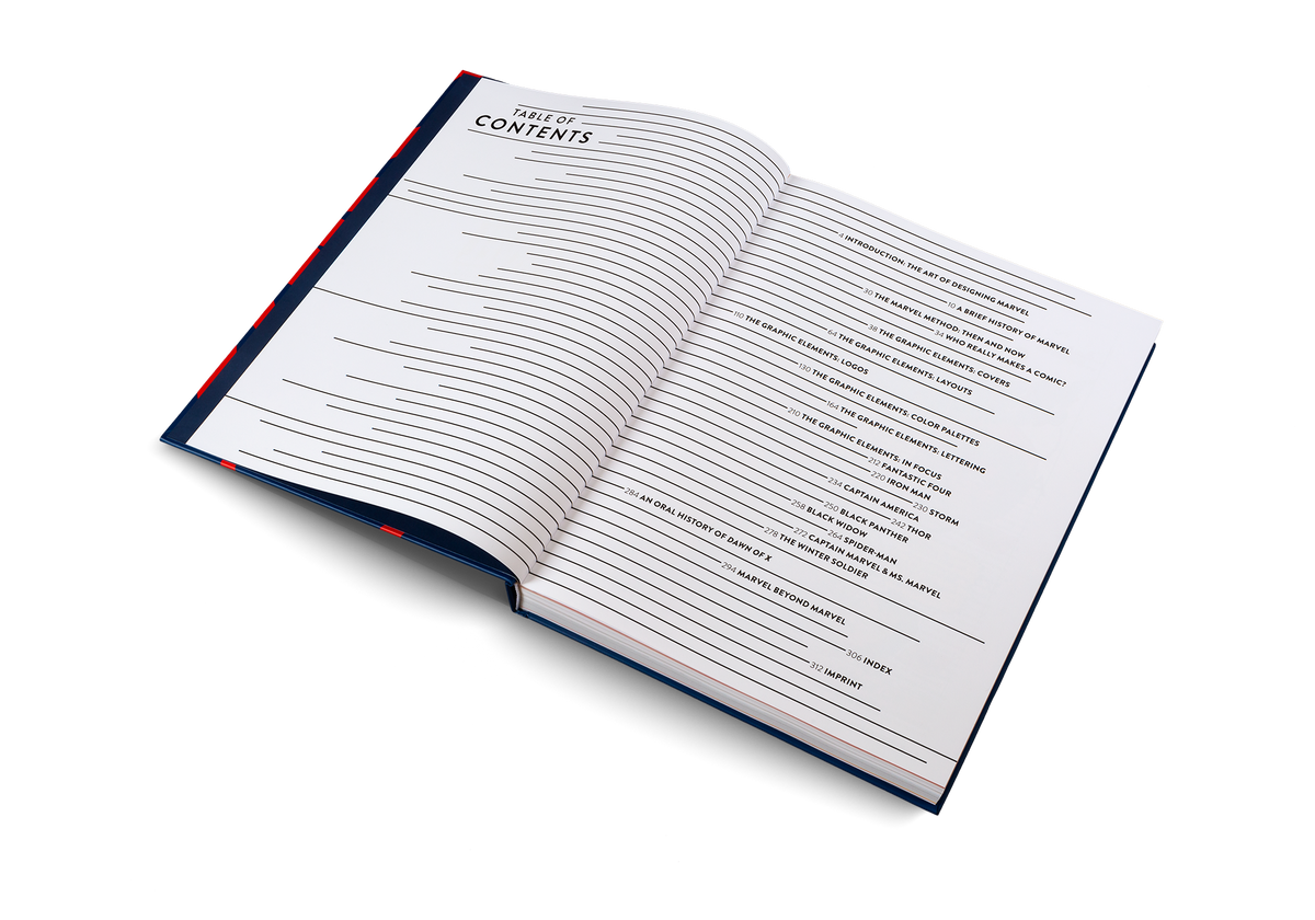 The table of contents of Marvel By Design by gestalten and Marvel.