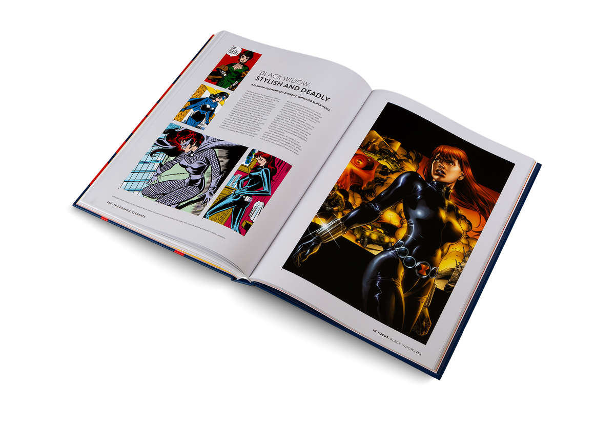 The Black Widow first appeared in Tales of Suspense #52 (1964) as a Soviet agent. The story’s art focuses on Iron Man and is standard for mid-1960s Marvel super hero comics: a classic panel layout, an emphasis on the hero’s action scenes, and a familiar palette of primary colors. Find out more in Marvel By Design.
