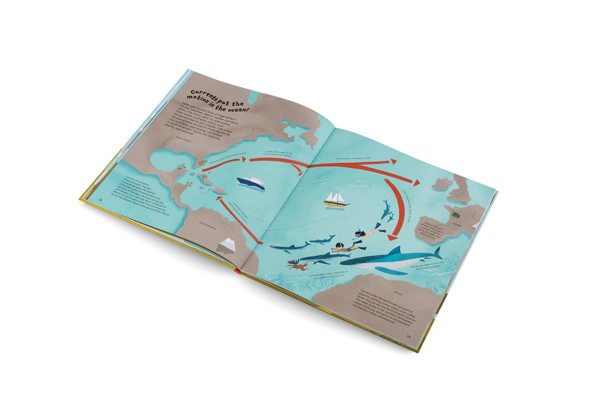 Seas and oceans have a huge effect on our weather. Warm—water currents carry the Sun’s heat to cold places. Cold—water currents carry cool temperatures to hot places. This stops temperatures on Earth from becoming too extreme—and makes our planet a much friendlier home for humans, plants, and animals! Find out more in Whatever the Weather by Little Gestalten