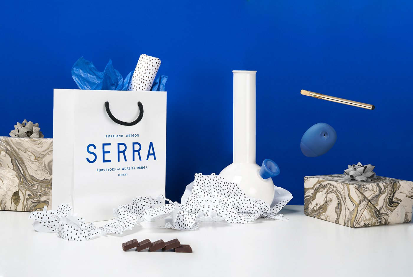 Products of Portland based cannabis dispensary Serra. The main color used is an Yves Klein inspired blue. (Photo: Half Court Studio for OMFGCO)