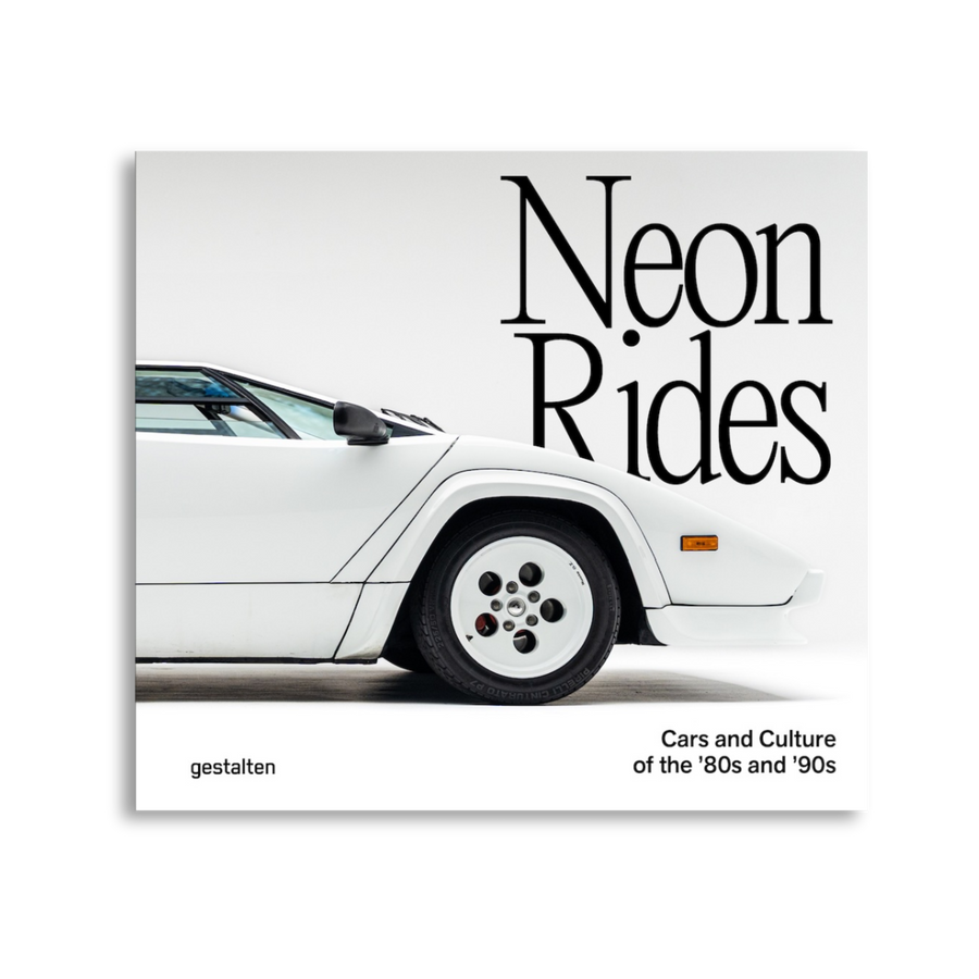 Book cover of 'Neon Rides' featuring a white car and black text on a white background