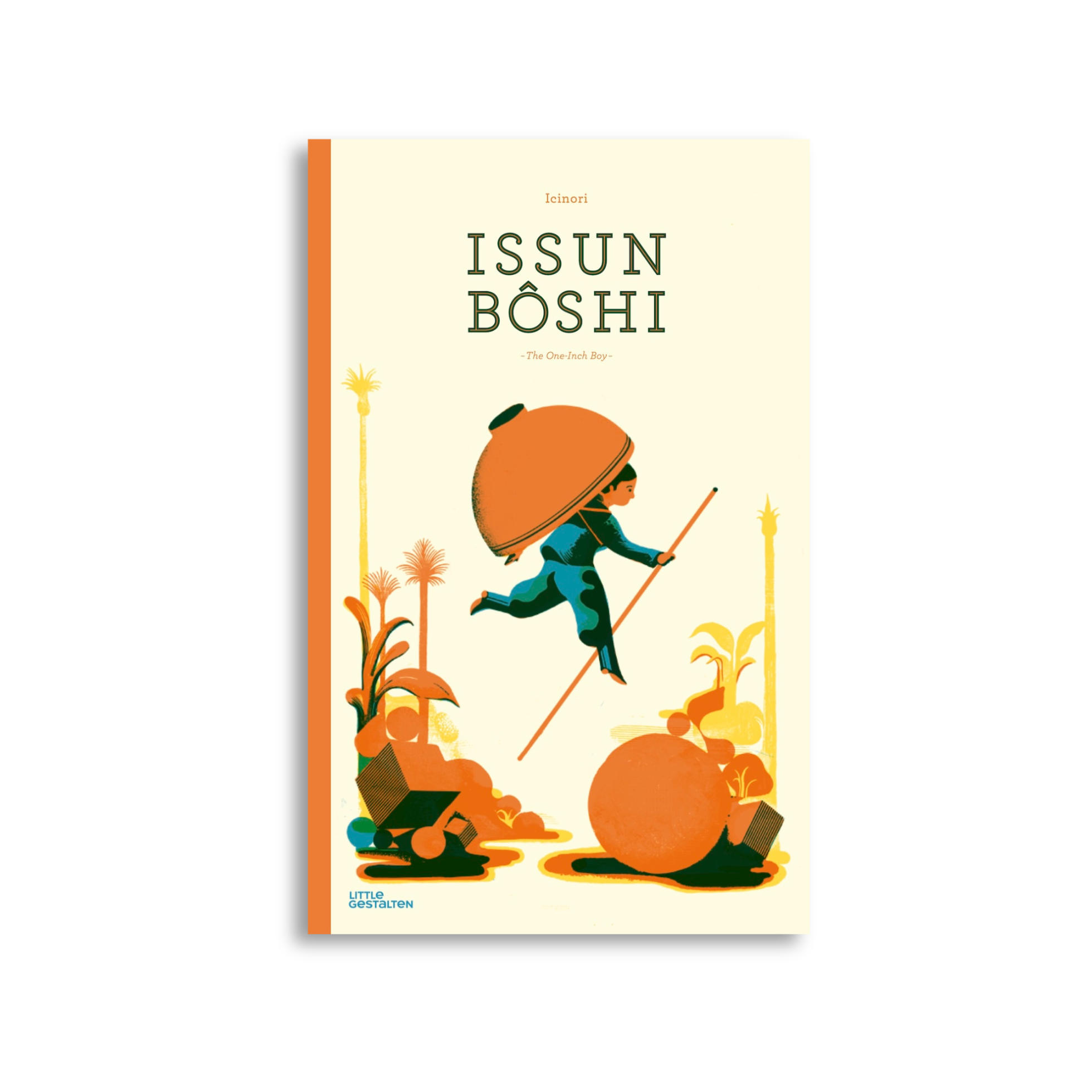 Book cover of 'Issun Boshi' with an illustration of a small person running on a white background