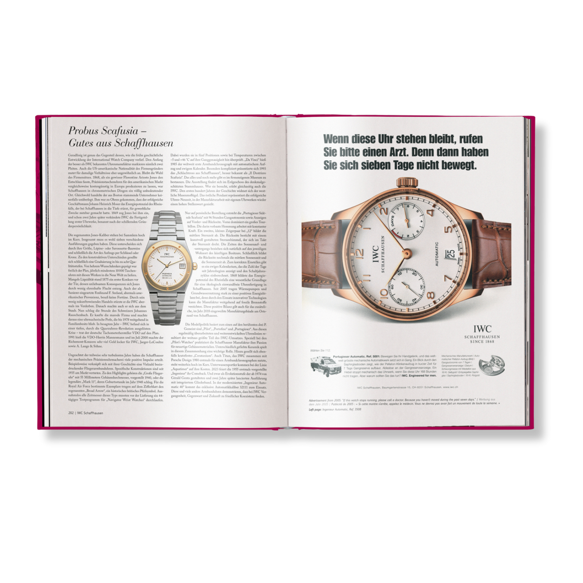 Open book showing IWC watches with text on a white background