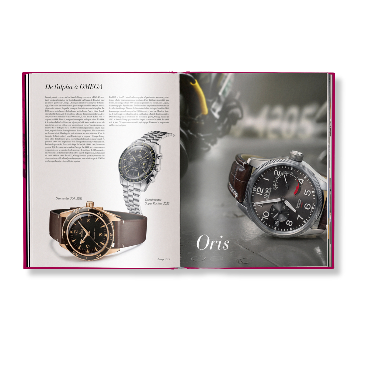 Open book showing Oris watches with a focus on design and branding.