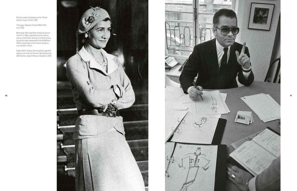 Two black and white images: one of a woman in formal attire and the other of a man at a desk with drawings.