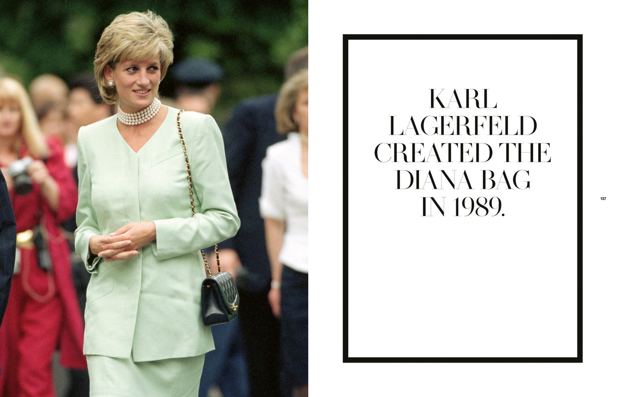 Image of a woman in a light green suit with text about Karl Lagerfeld and the Diana Bag.