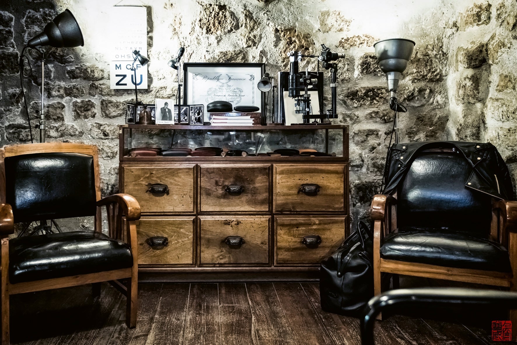 Barbershop interior with vintage furniture and decor.