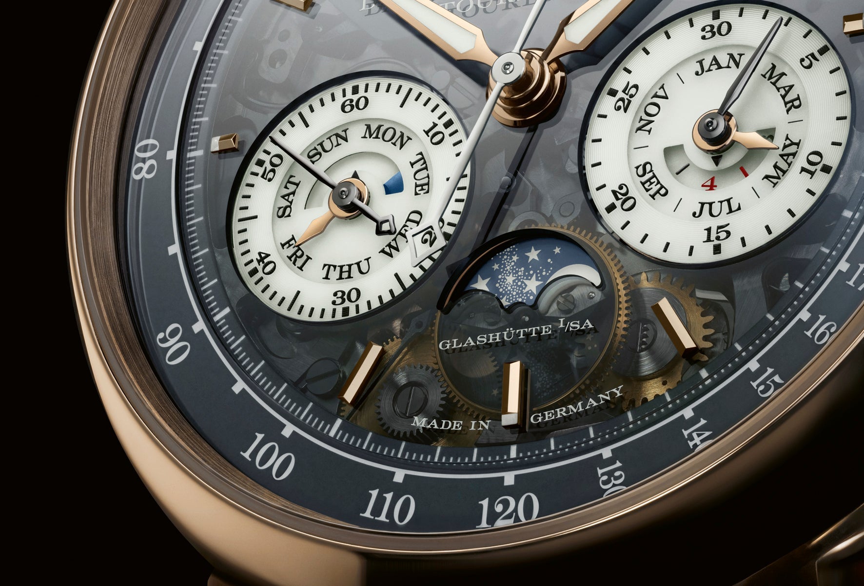 Close-up of a vintage wristwatch with detailed dials and hands.
