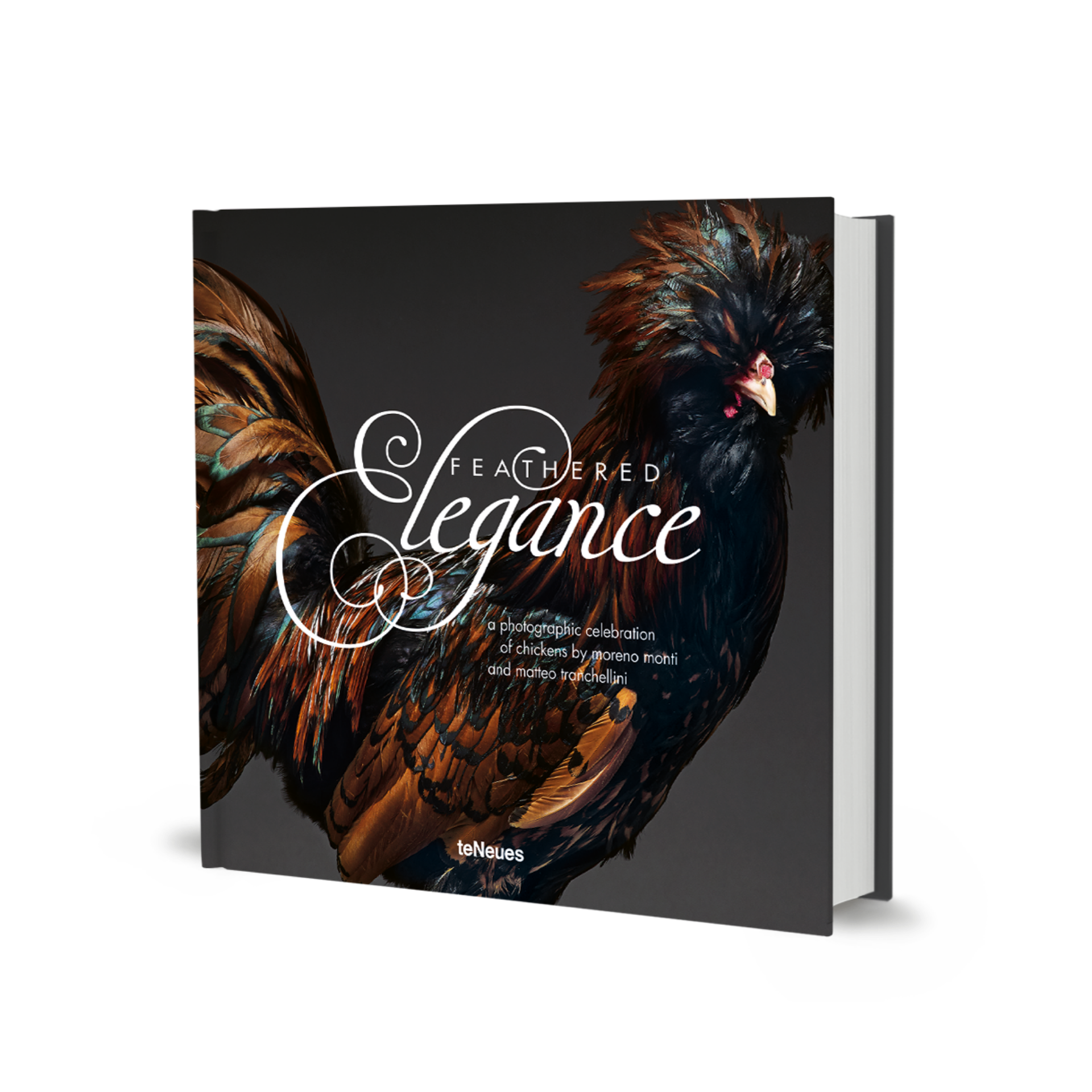Book titled 'Feathered Elegance' with a chicken on the cover against a black background