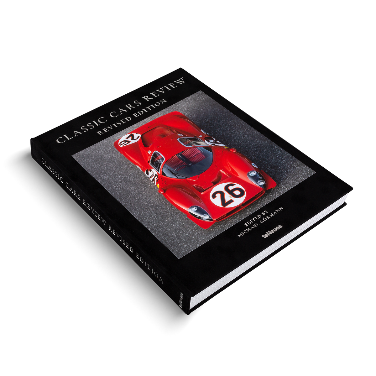Book titled 'Classic Cars Review' with a red car on the cover against a grey background