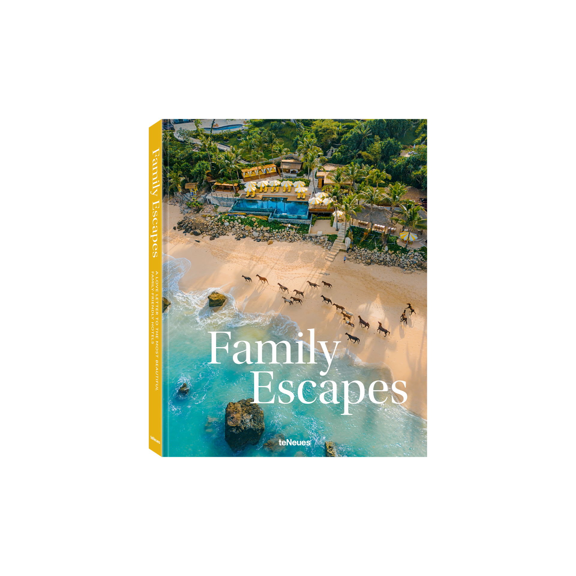 Book titled 'Family Escapes' with a beach and luxury villa cover on a white background