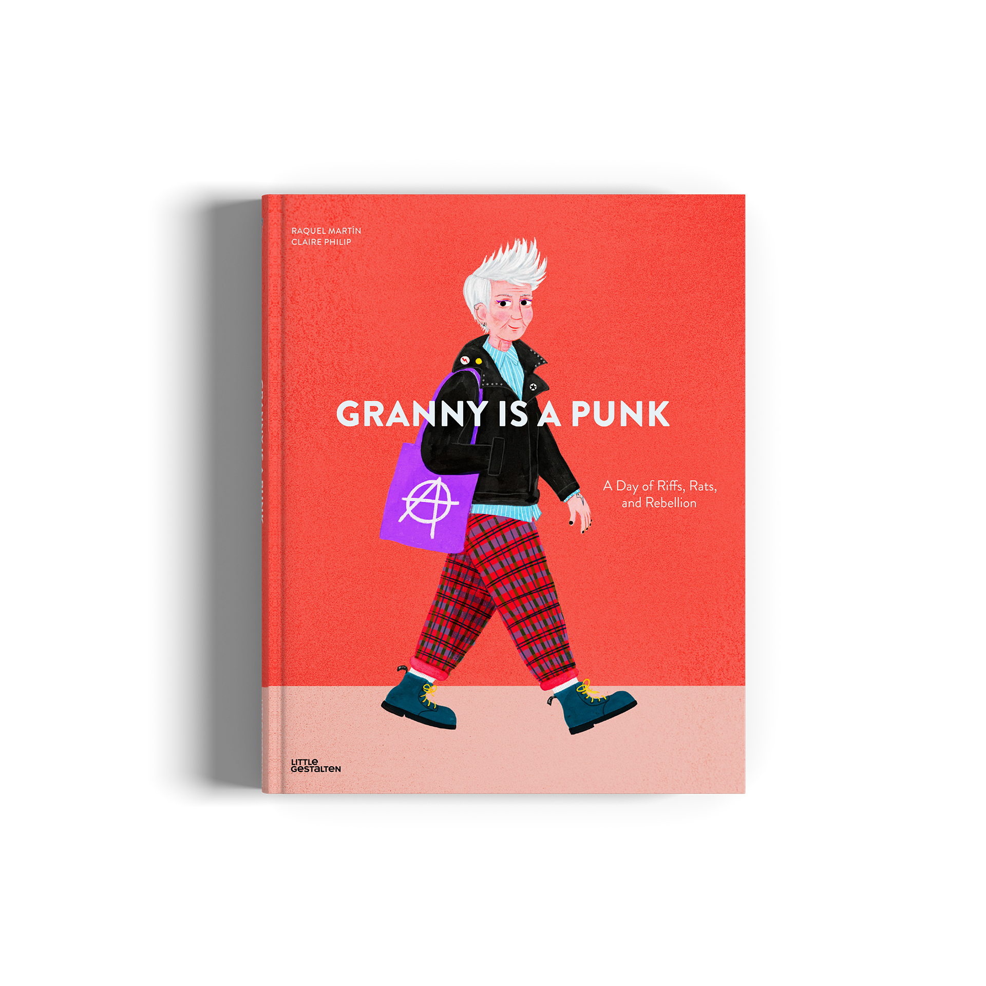 A hardcover book titled 'GRANNY IS A PUNK' featuring a vibrant red cover with an illustration of an older woman in plaid pants and a purple shopping bag.