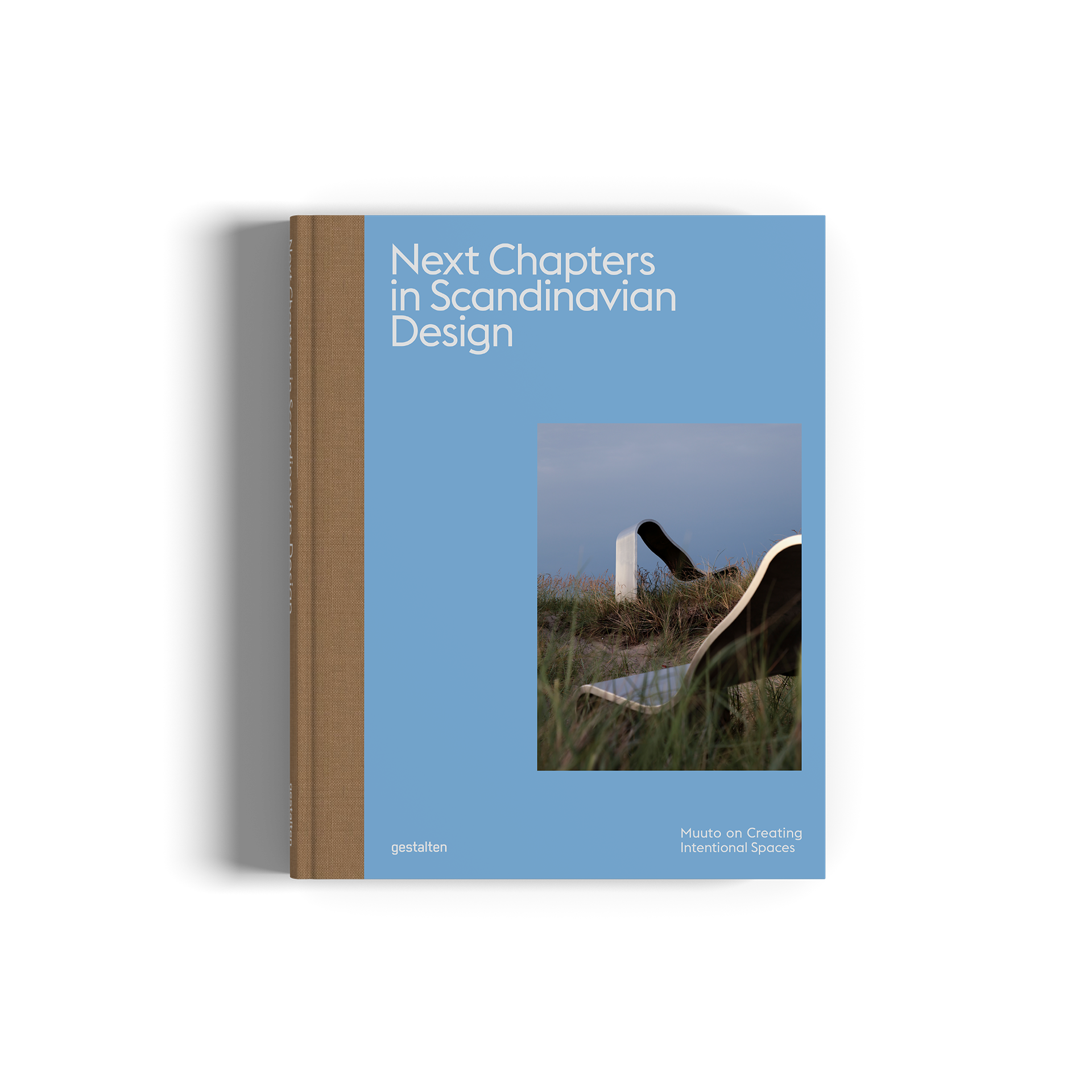 Book titled 'Next Chapters in Scandinavian Design' with a blue cover and wooden spine on a white background