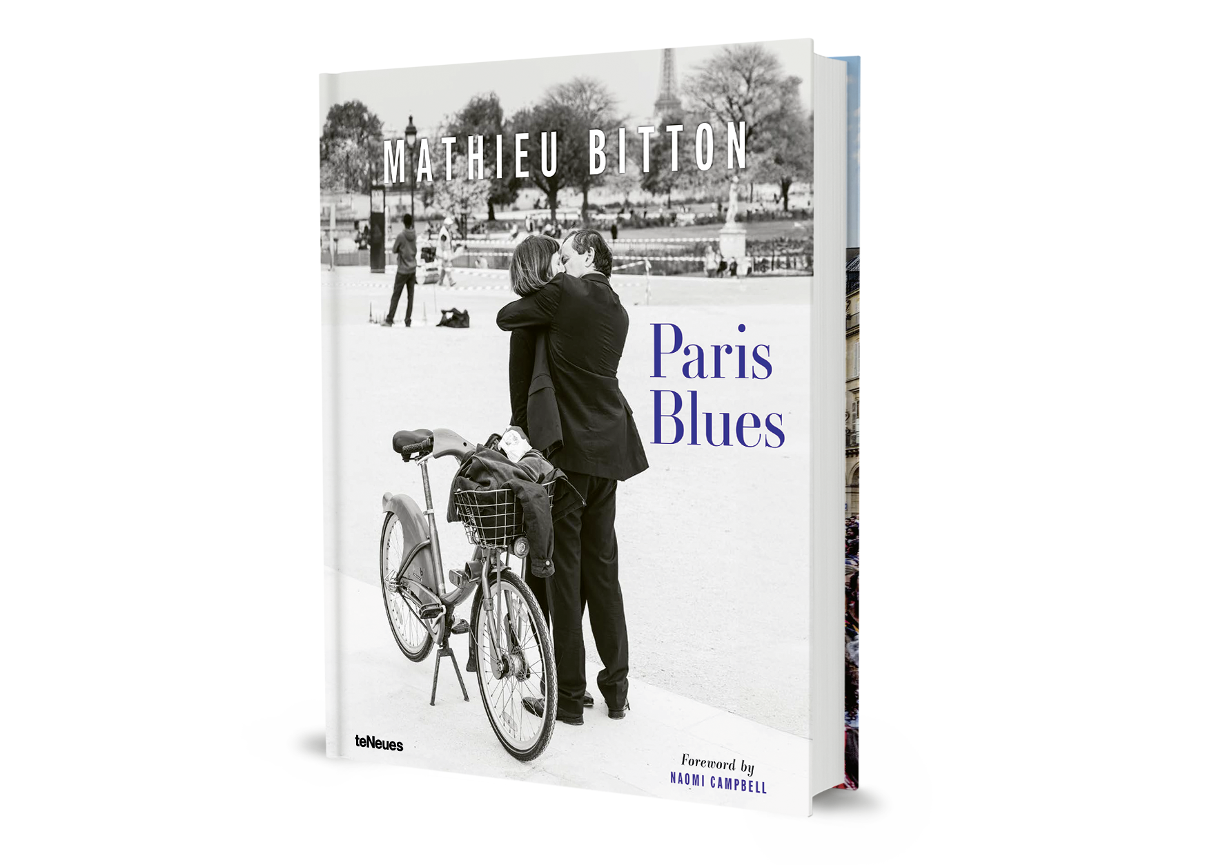 Book titled 'Paris Blues' by Mathieu Bittton with a cover featuring a black and white photo of a couple with a bicycle.