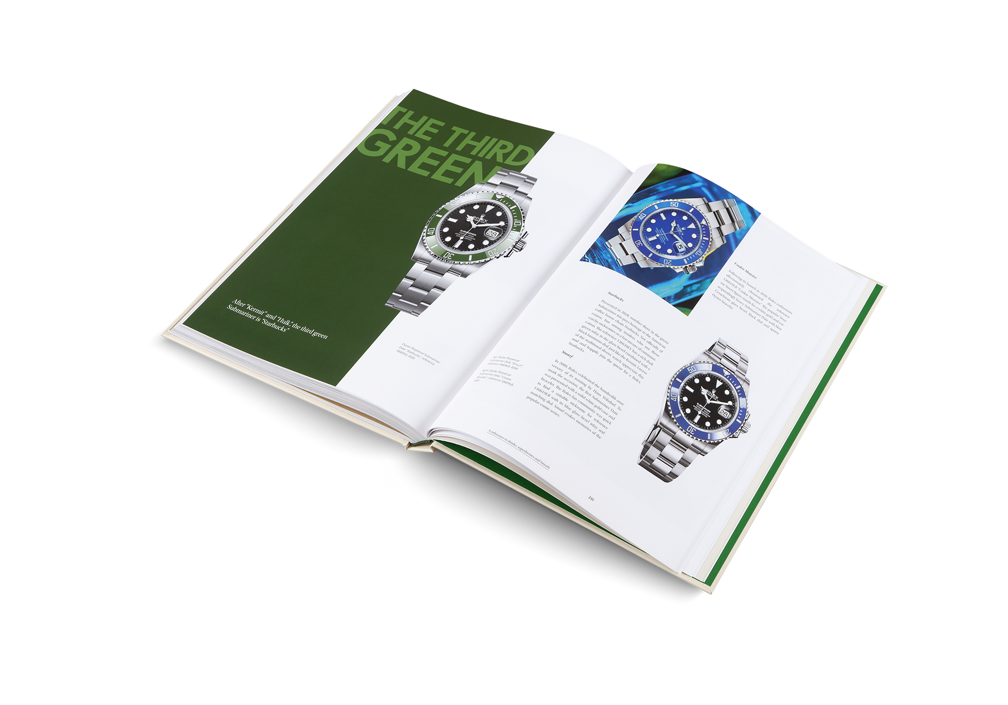 Open book showing images of watches with a focus on design and color.