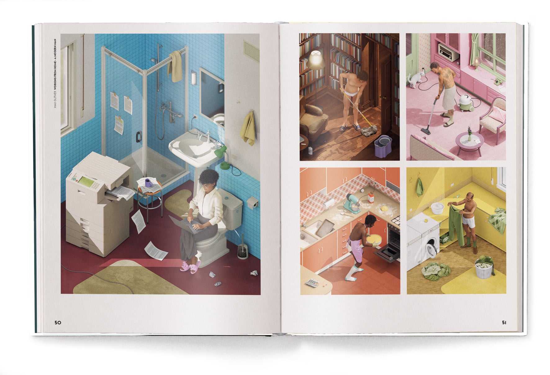 Illustrations of daily activities in various rooms, including a bathroom and kitchen, on a book page.