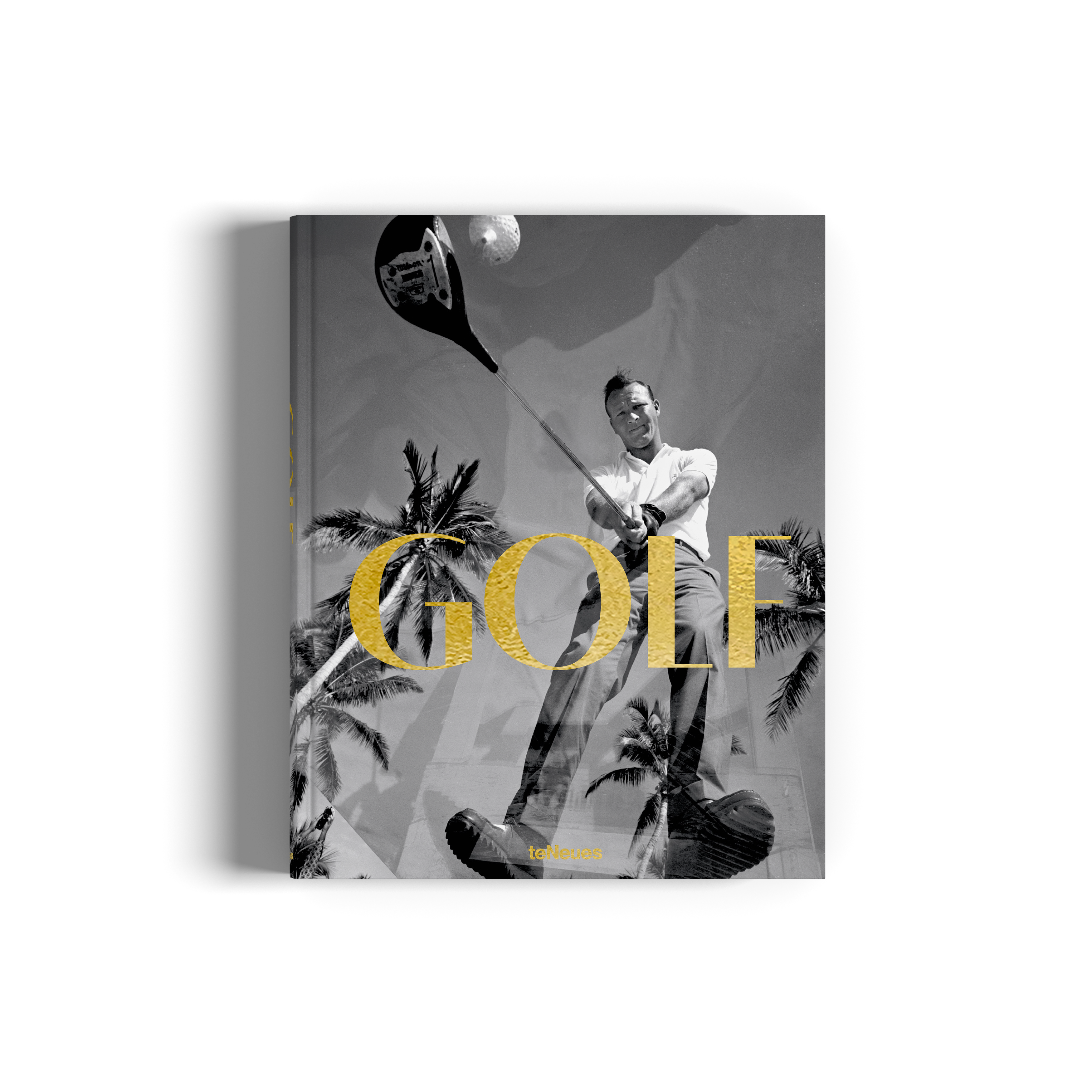 Book cover with a golfer and palm trees, featuring the word 'GOLF' in gold.