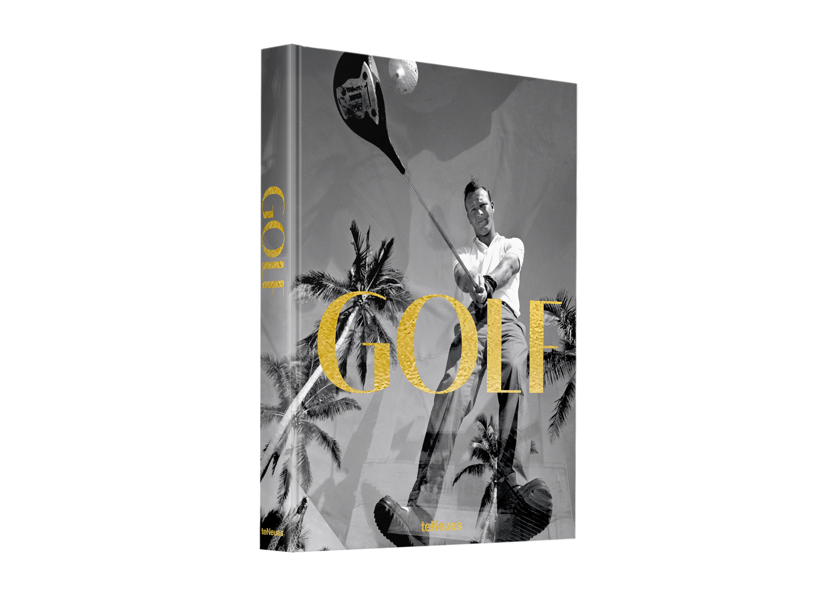 Book cover with a golfer and palm trees, featuring the word 'GOLF' in gold.
