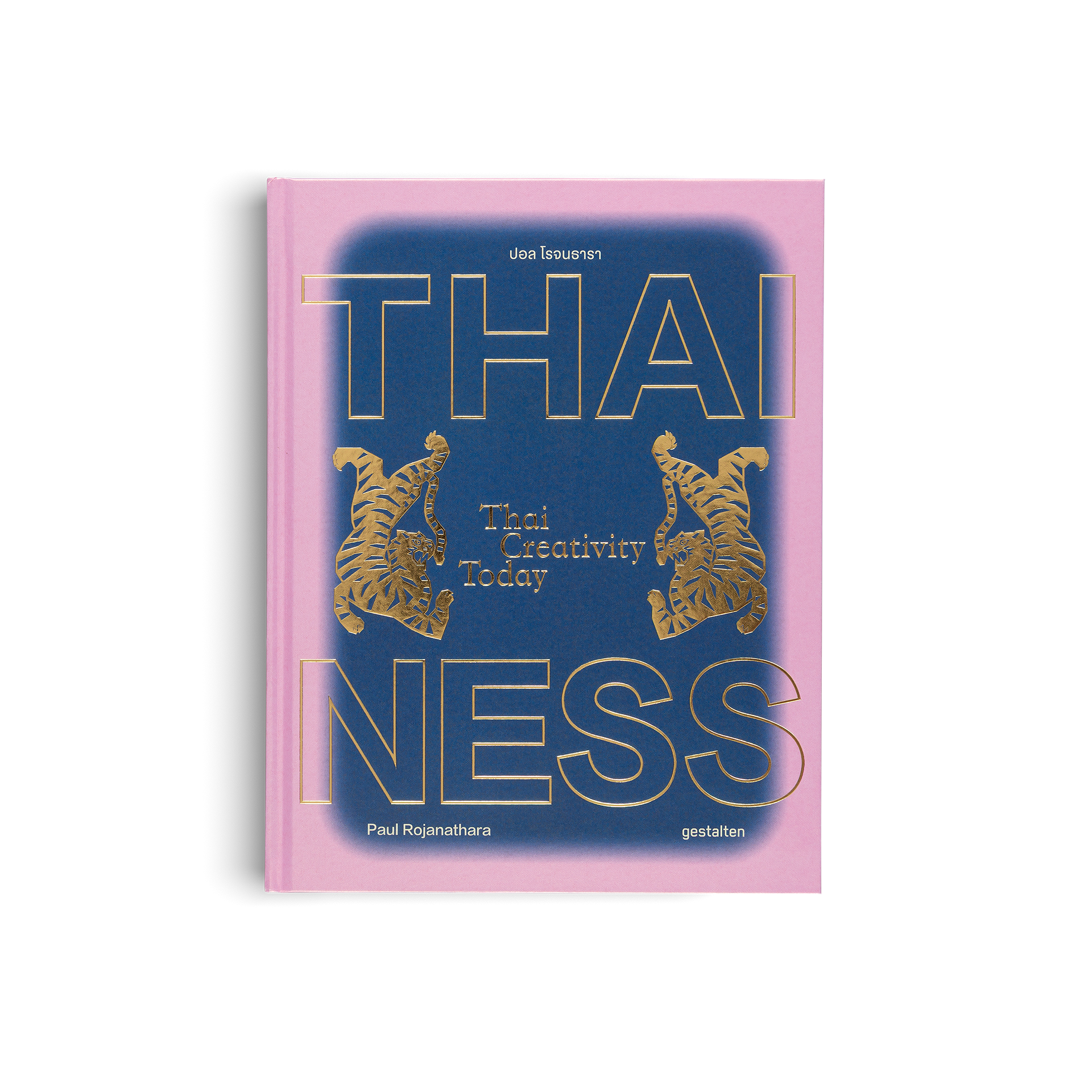 Book cover with 'THAI NESS' text and gold tiger illustrations on a pink and blue background