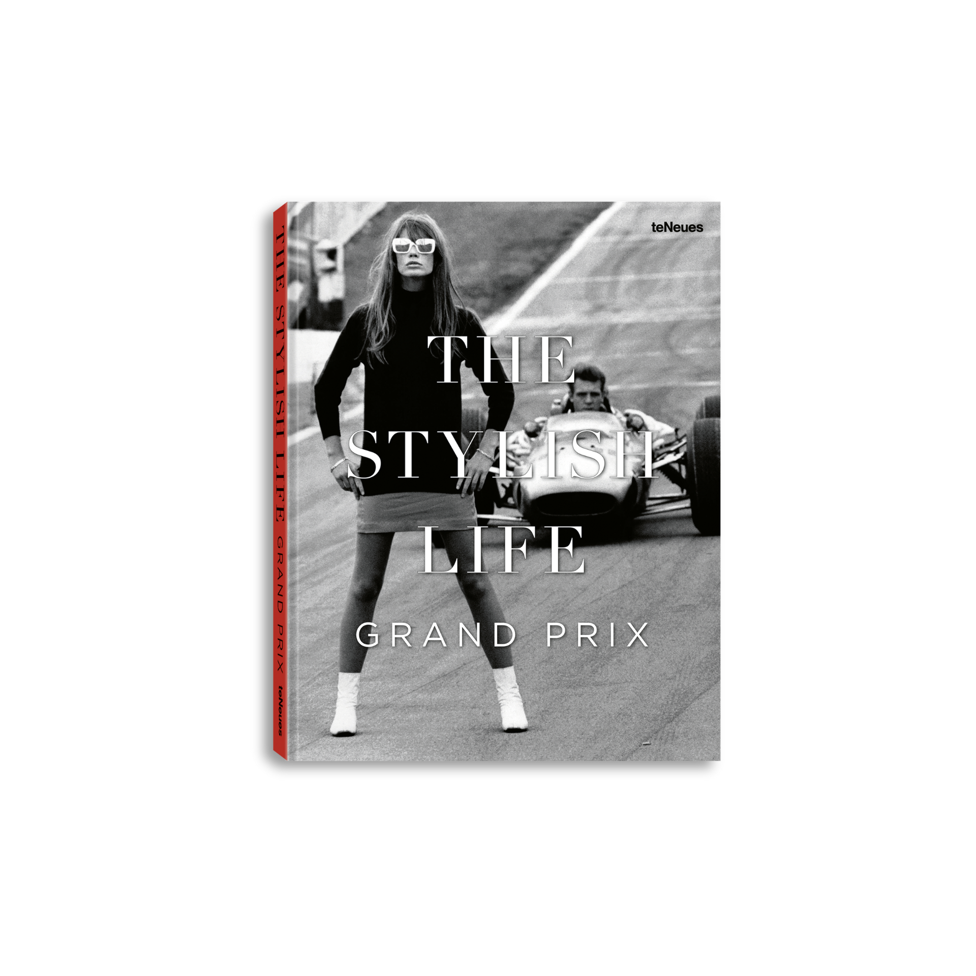 Book cover titled 'The Stylish Life Grand Prix' with a black and white photo of a woman and a race car.
