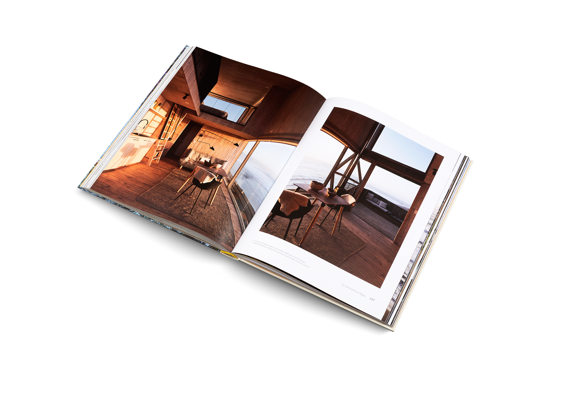 Designed to blend in with their natural surroundings, the cabins have rugged, rustic forms and are made entirely from wood. Each is oriented so that the main structure shields the external terraces from strong south-westerly winds, and offers views directly over the ocean, as well as to wooded hills to the south and the Lobera—a large rock jutting out of the sea—to the north.