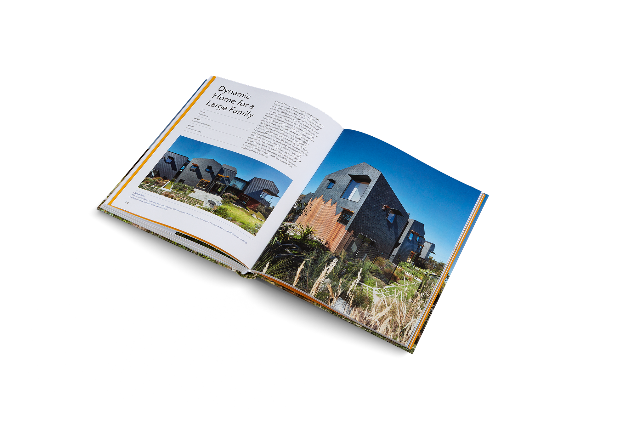 Charles House, with its contrasting shapes, angles, textures, and materials, is a distinct piece of residential architecture. The multigenerational home was designed for longevity for a family of five, plus grandparents, that they could live in for at least 25 years. The brief was to create a practical and low-maintenance house and garden with five sections, filled with natural light, multiple garden spaces, and ponds, bridges, and water features.