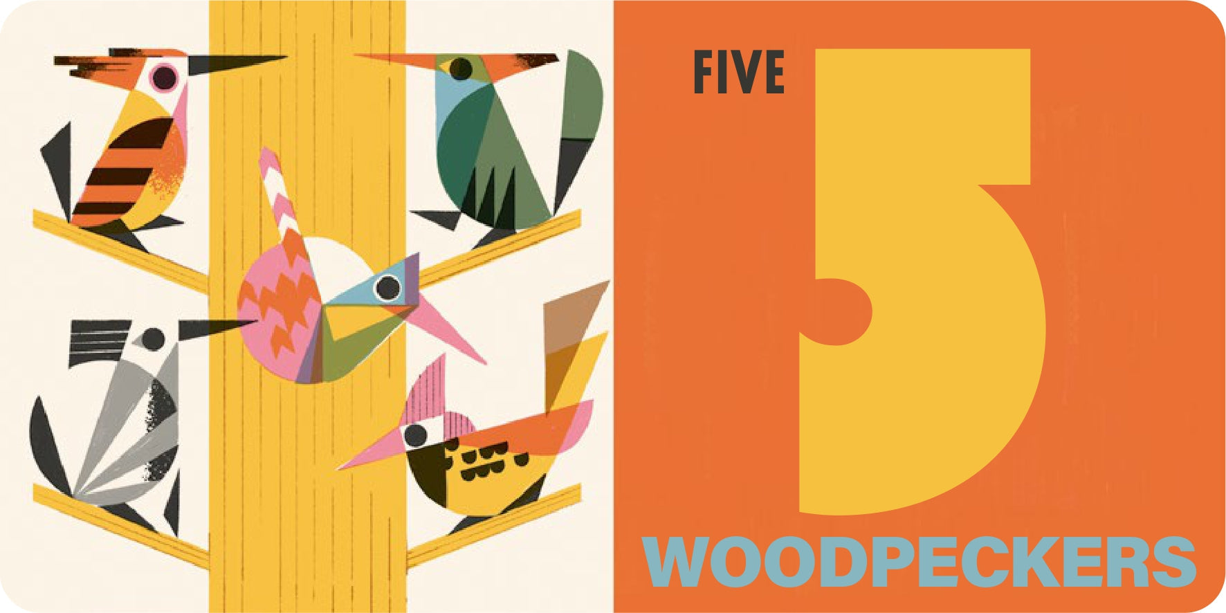 Five Woodpeckers in How Many Birds? by Little Gestalten