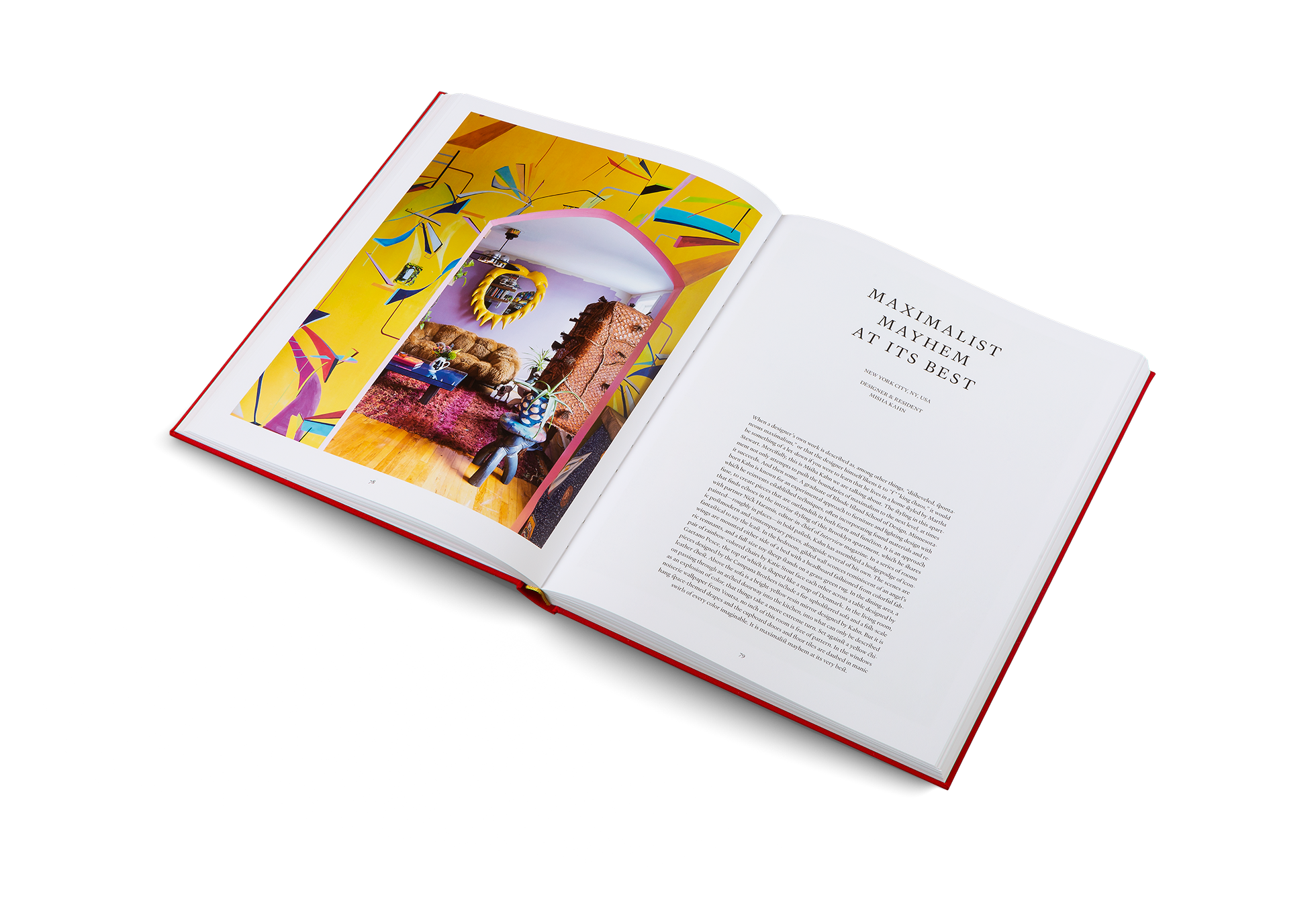 In this apartment designed by Misha Kahn, the scenes are fantastical to say the least. In the bedroom, gilded wall sconces reminiscent of an angel’s wings are mounted either side of a bed with a headboard fashioned from colorful fabric remnants, and a full-size toy sheep stands on a grass-green rug. In the dining area, a pair of rainbow-colored chairs by Katie Stout face each other across a table designed by Gaetano Pesce, the top of which is shaped like a map of Denmark.