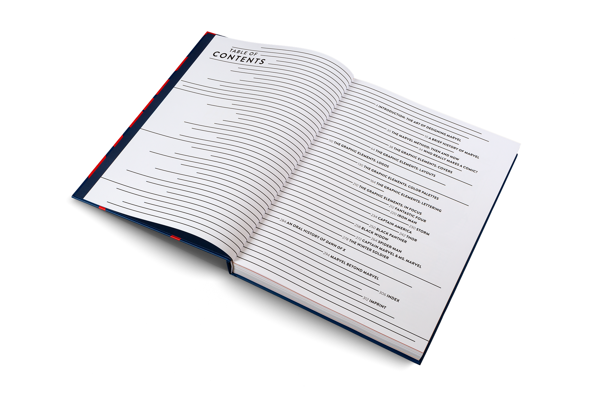 The table of contents of Marvel By Design by gestalten and Marvel.