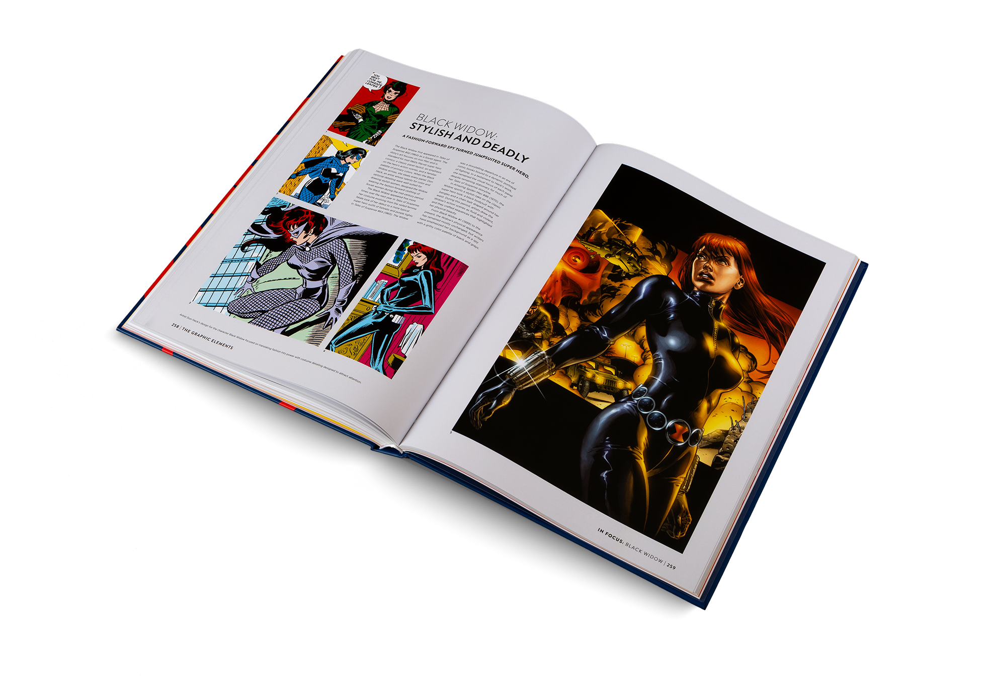 The Black Widow first appeared in Tales of Suspense #52 (1964) as a Soviet agent. The story’s art focuses on Iron Man and is standard for mid-1960s Marvel super hero comics: a classic panel layout, an emphasis on the hero’s action scenes, and a familiar palette of primary colors. Find out more in Marvel By Design.