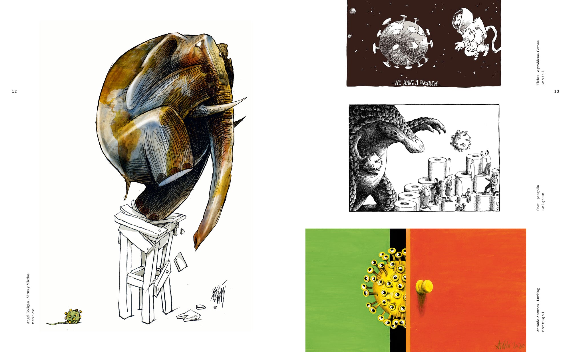 Cartoons by Antonio Antunes, Angel Boligan and Kleber in Paper. Pen. Pandemic, a book about viral cartoons from around the globe