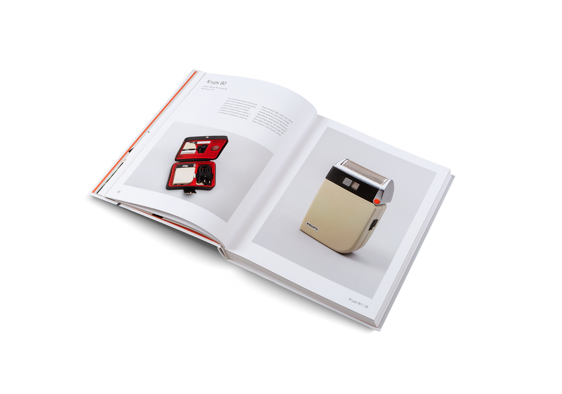 This chunky electric pocket shaver came with its own handsome carrying cassette, opening up to reveal the razor and a small mirror as well. It’s an earlier example of a pocket shaver—modern in its design but still humble. The Krups 80 is the German manufacturer’s answer to Braun’s Sixtant 6006, which was similar in form and also came with a storage cassette featuring an enclosed mirror. Read more about the Krups 80 in Soft Electronics by gestalten.