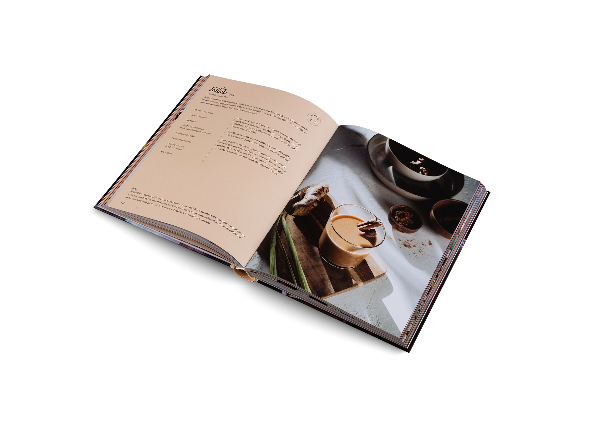 Bajigur is a coconut milk-based drink, native to the Sundanese people of West Java. It was traditionally sold by hawkers carrying a long bamboo pole with a container hanging from each side—one filled with hot bajigur, the other with boiled fruits, beans, and nuts to be eaten alongside. You can fin this coffee recipe in Spill The Beans by gestalten and Lani Kingston