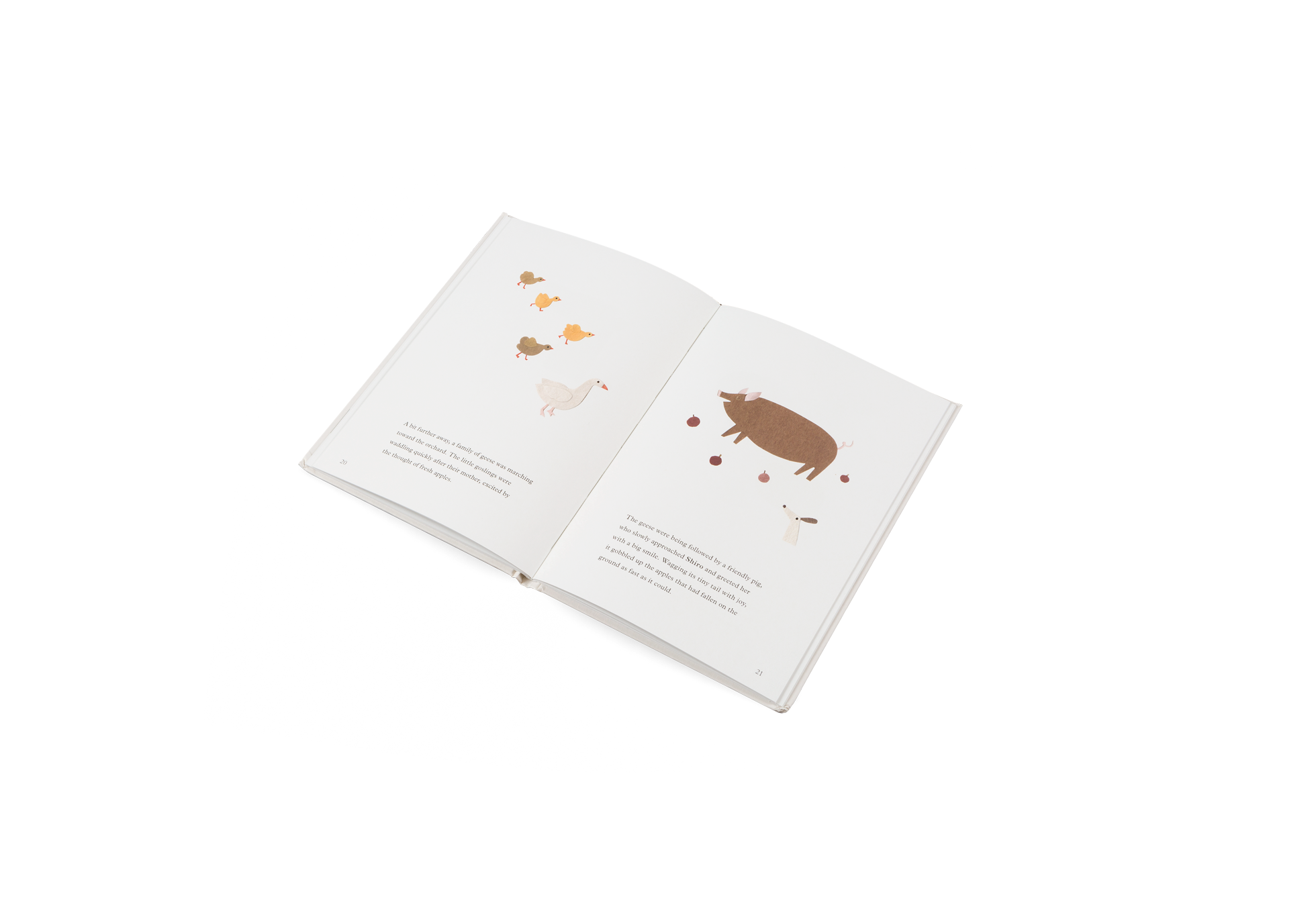 The geese were being followed by a friendly pig, who slowly approached Shiro and greeted her with a big smile. Wagging its tiny tail with joy, it gobbled up the apples that had fallen on the ground as fast as it could.