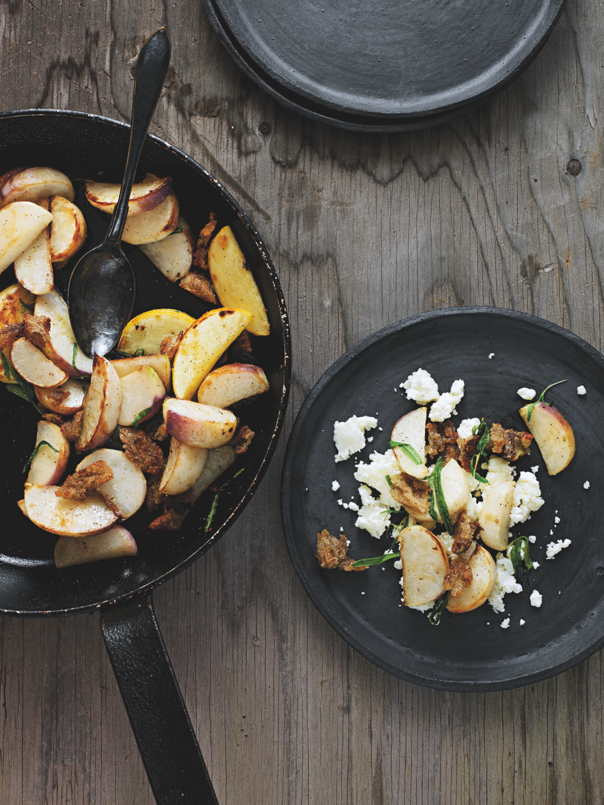 Turnips with Rosemary, sourdough bread, and goat cheese