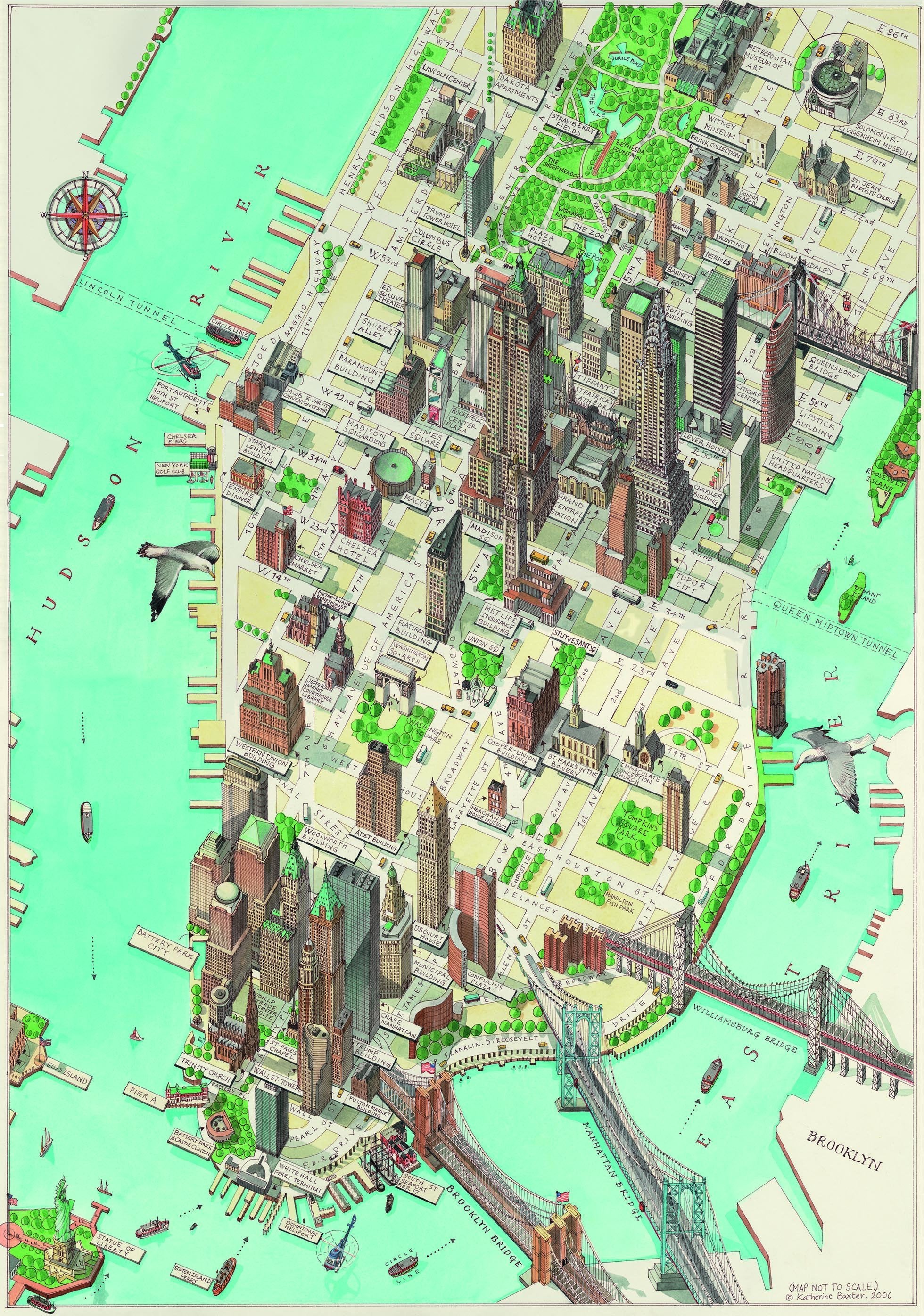 An illustrated map of Manhattan in New York City